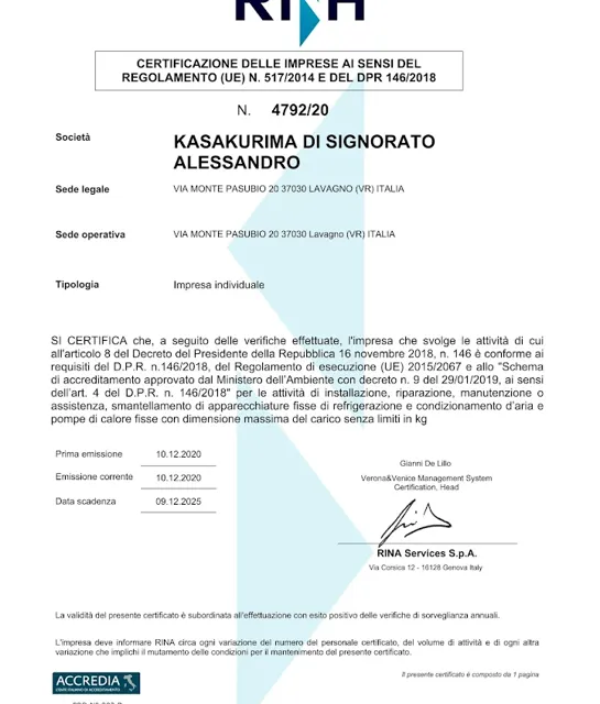 Certificazione ufficiale Kasakurima di Signorato Alessandro per installazione e manutenzione impianti